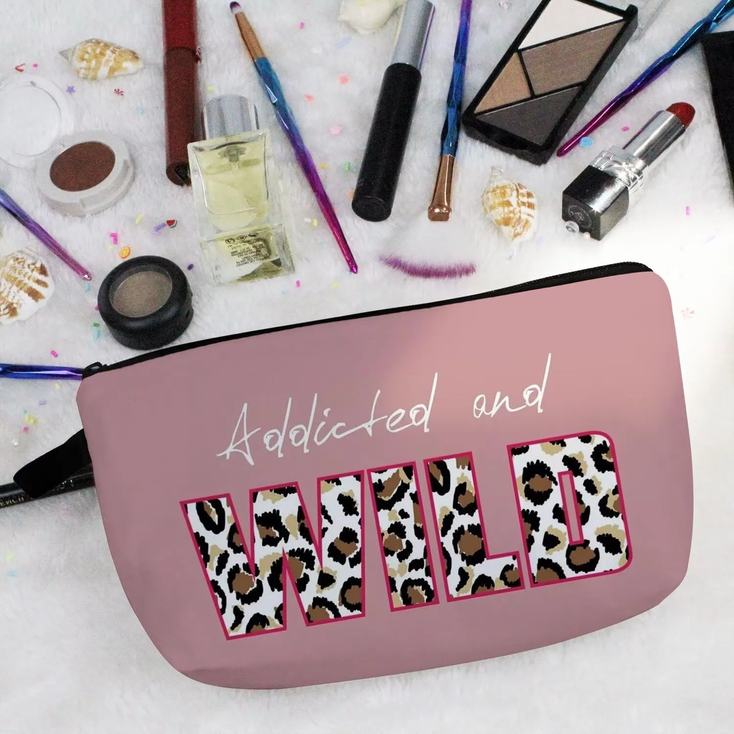 Pink Leopard Makeup Bag Cute Small Organizer Zipper Pouch Addicted and Wild Cosmetic Bag Cheetah Leopard Letters Presents for Ladys Women Friends