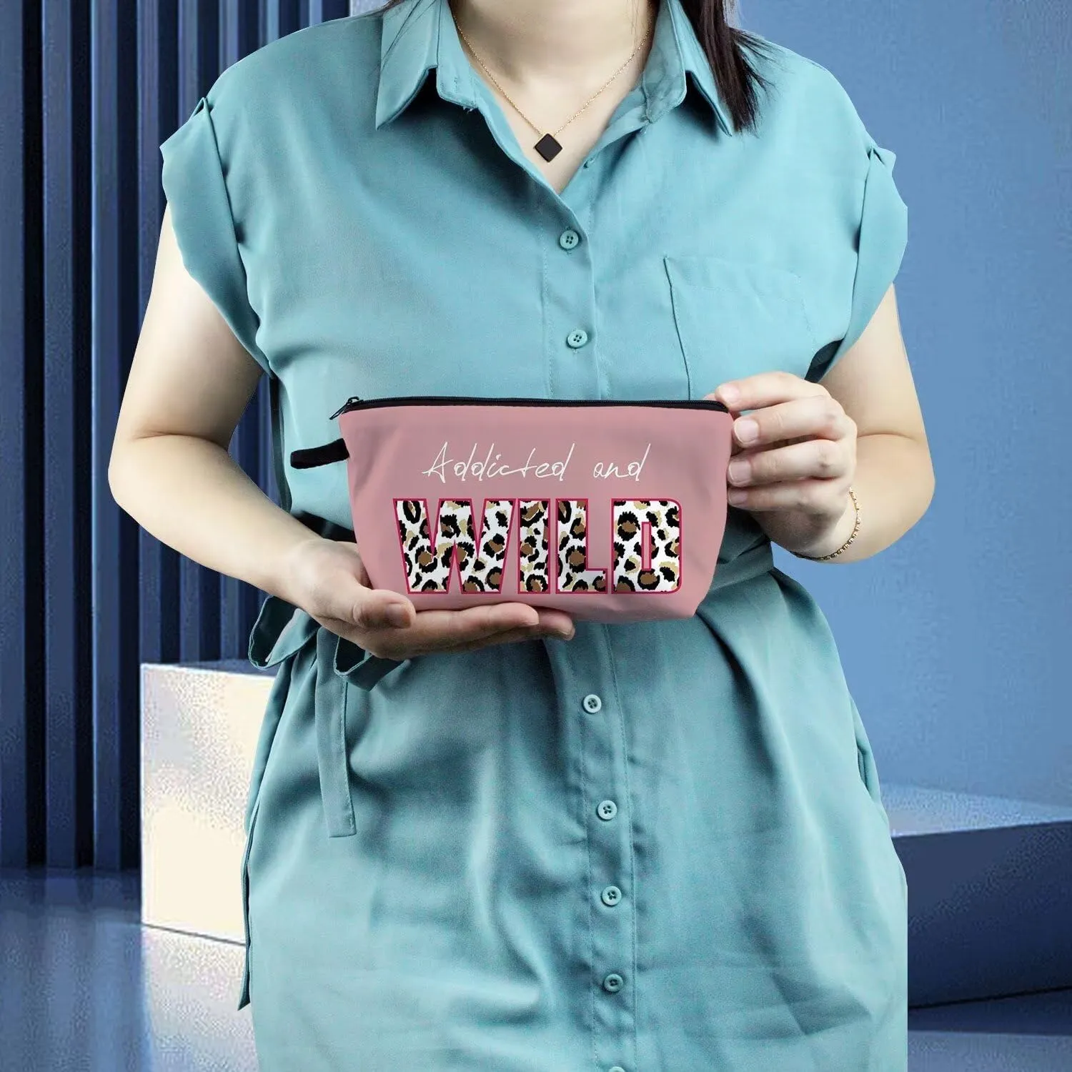 Pink Leopard Makeup Bag Cute Small Organizer Zipper Pouch Addicted and Wild Cosmetic Bag Cheetah Leopard Letters Presents for Ladys Women Friends