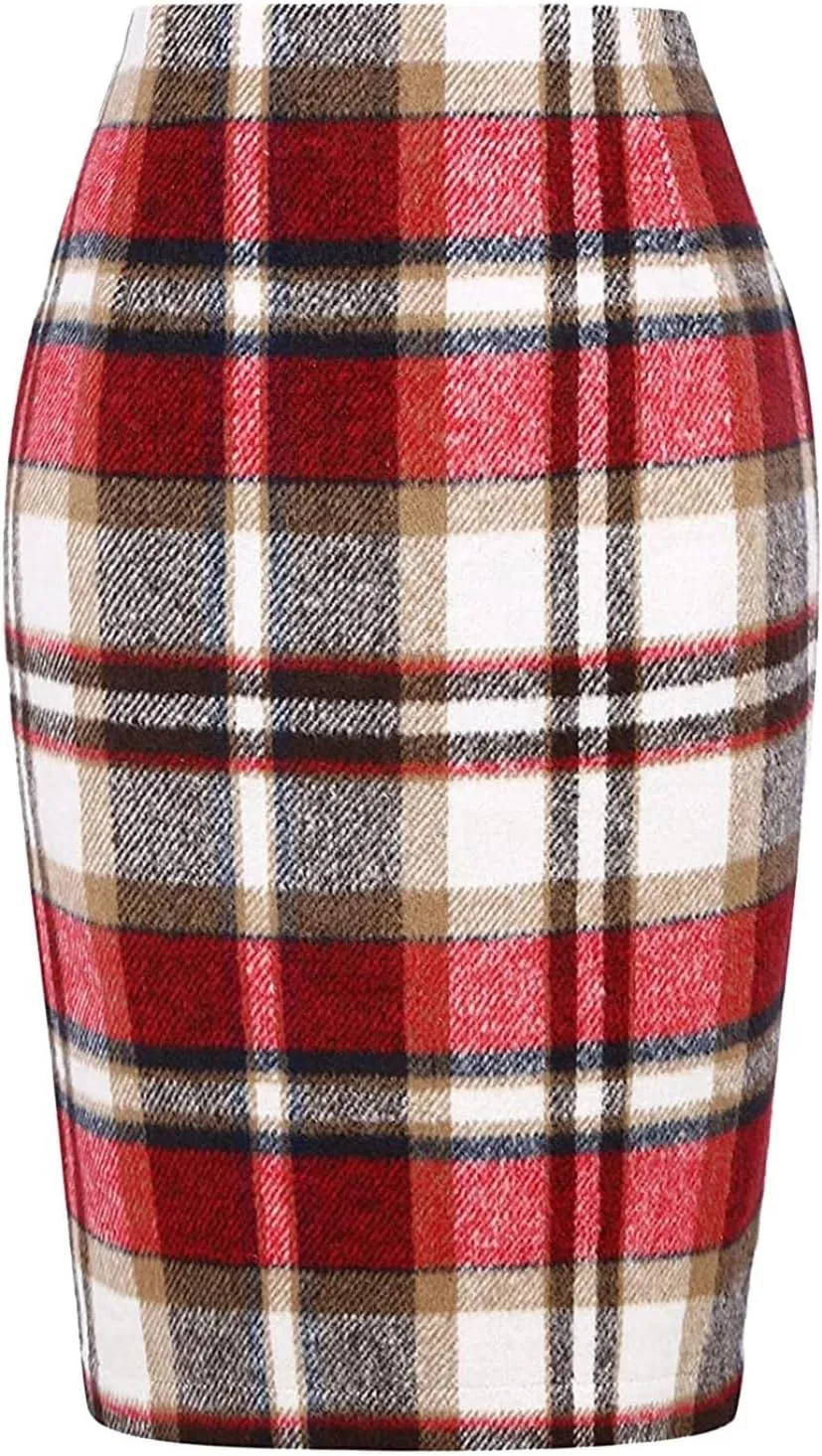 Plaid Skirts for Womens High Waist Business Pencil Skirt Short Skirt Knee Length Work Skirts Fall Winter