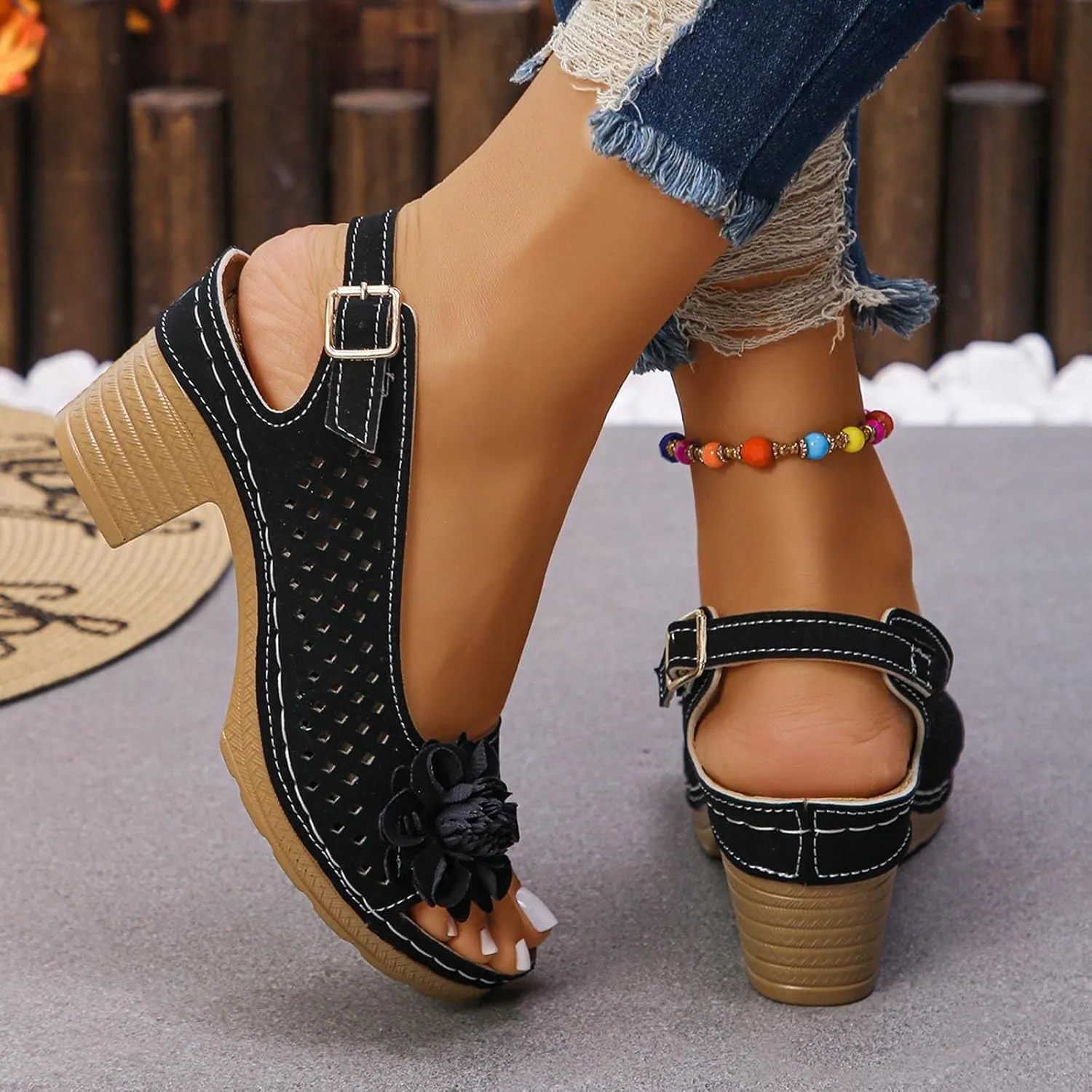 Platform Sandals Women Open Toe Hollow Fashion Chunky Heel Sandals Comfort Adjustable Strap Casual Wedding Women Shoes Dressy