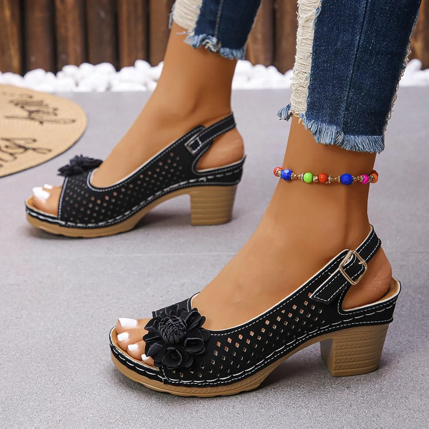 Platform Sandals Women Open Toe Hollow Fashion Chunky Heel Sandals Comfort Adjustable Strap Casual Wedding Women Shoes Dressy