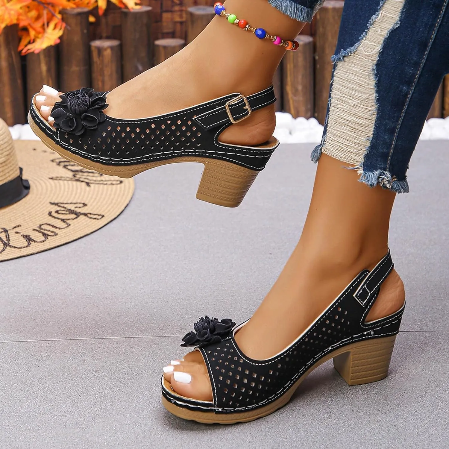 Platform Sandals Women Open Toe Hollow Fashion Chunky Heel Sandals Comfort Adjustable Strap Casual Wedding Women Shoes Dressy
