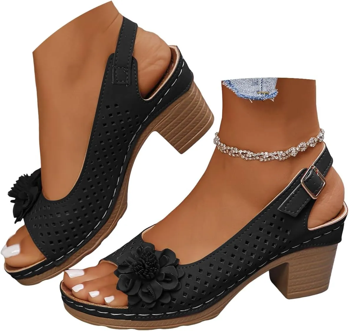 Platform Sandals Women Open Toe Hollow Fashion Chunky Heel Sandals Comfort Adjustable Strap Casual Wedding Women Shoes Dressy