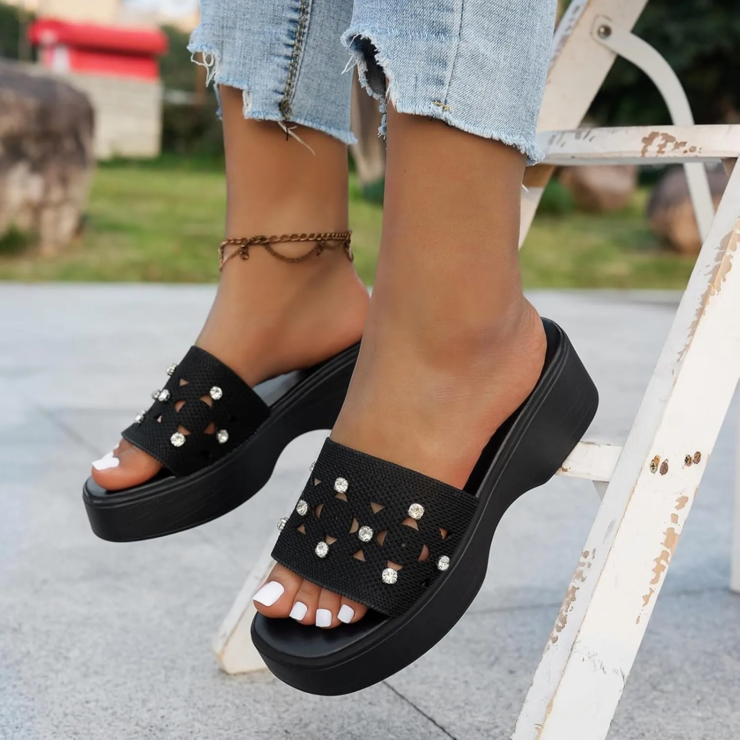 Platform Sandals Women Wedges Slides Chunky Heels Wedge Mule Cloud Lightweight Shoes Slipper One Band Outdoor Sandal Slide Plantar Fasciitis Arch Support Slip On Open Toe Cushion Slippers