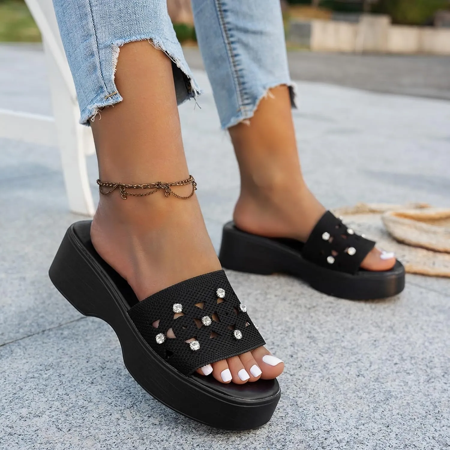 Platform Sandals Women Wedges Slides Chunky Heels Wedge Mule Cloud Lightweight Shoes Slipper One Band Outdoor Sandal Slide Plantar Fasciitis Arch Support Slip On Open Toe Cushion Slippers