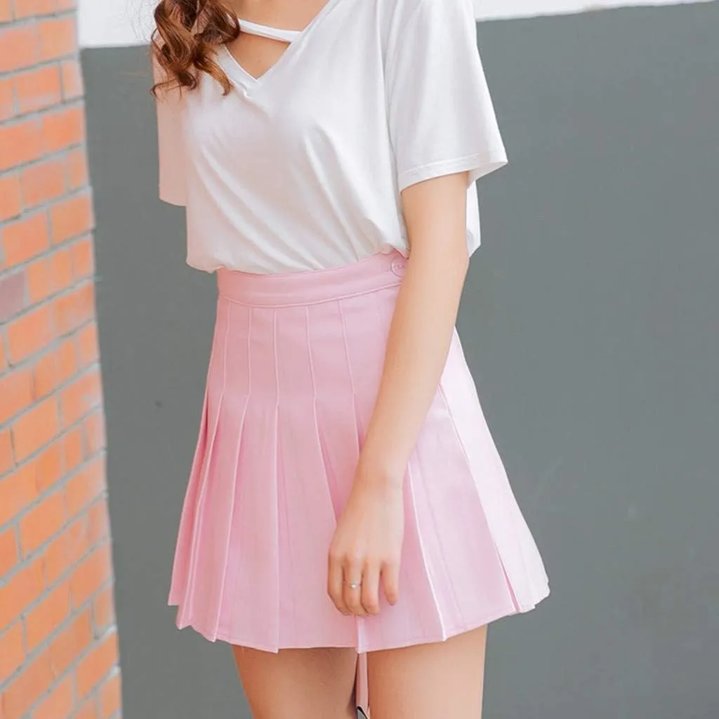 Pleated Mini Skirt Women Teen Girls High Waist School A-Line Skater Tennis Skirt Summer Casual Solid Color Skirt