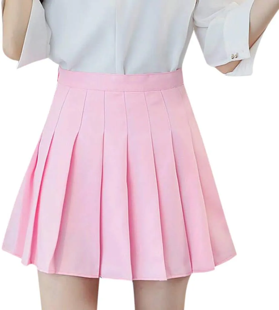 Pleated Mini Skirt Women Teen Girls High Waist School A-Line Skater Tennis Skirt Summer Casual Solid Color Skirt