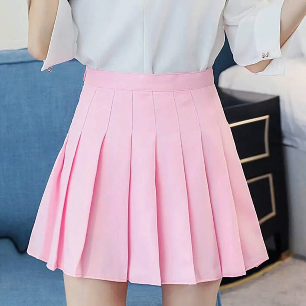 Pleated Mini Skirt Women Teen Girls High Waist School A-Line Skater Tennis Skirt Summer Casual Solid Color Skirt