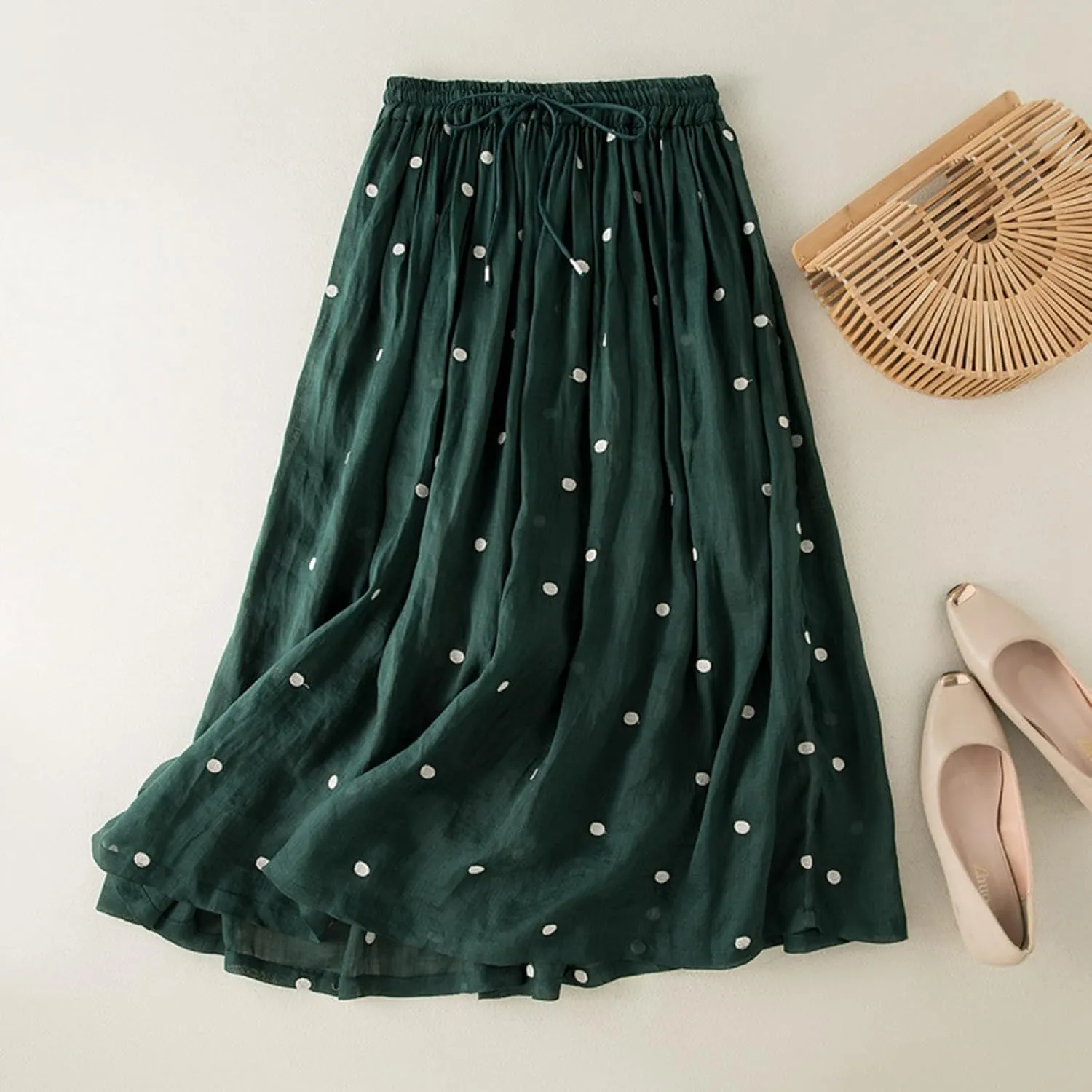 Polka Dot Skirts for Women Midi Length Casual Drawstring Elastic Waisted Swing A-Line Pleated Skirt