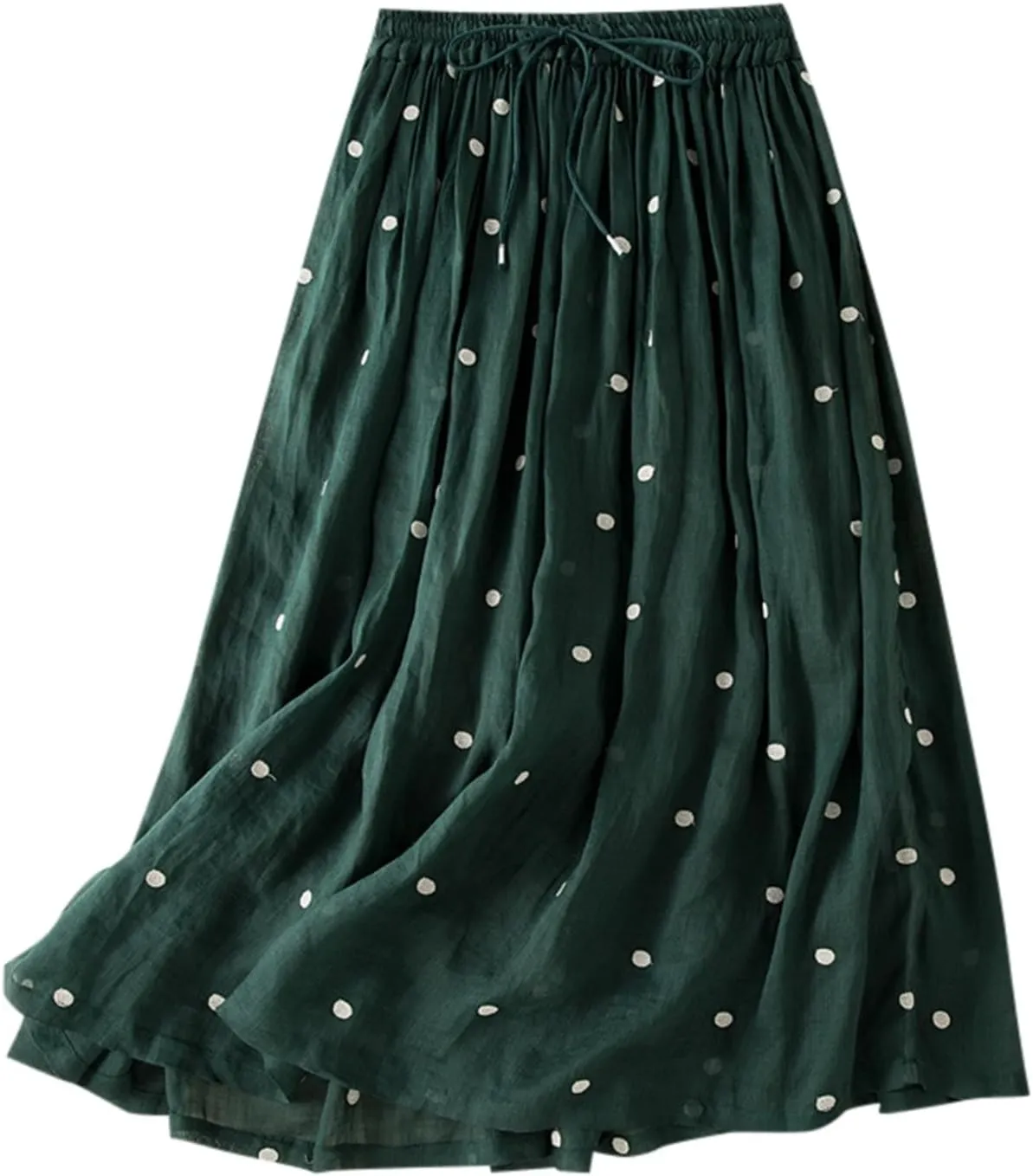 Polka Dot Skirts for Women Midi Length Casual Drawstring Elastic Waisted Swing A-Line Pleated Skirt