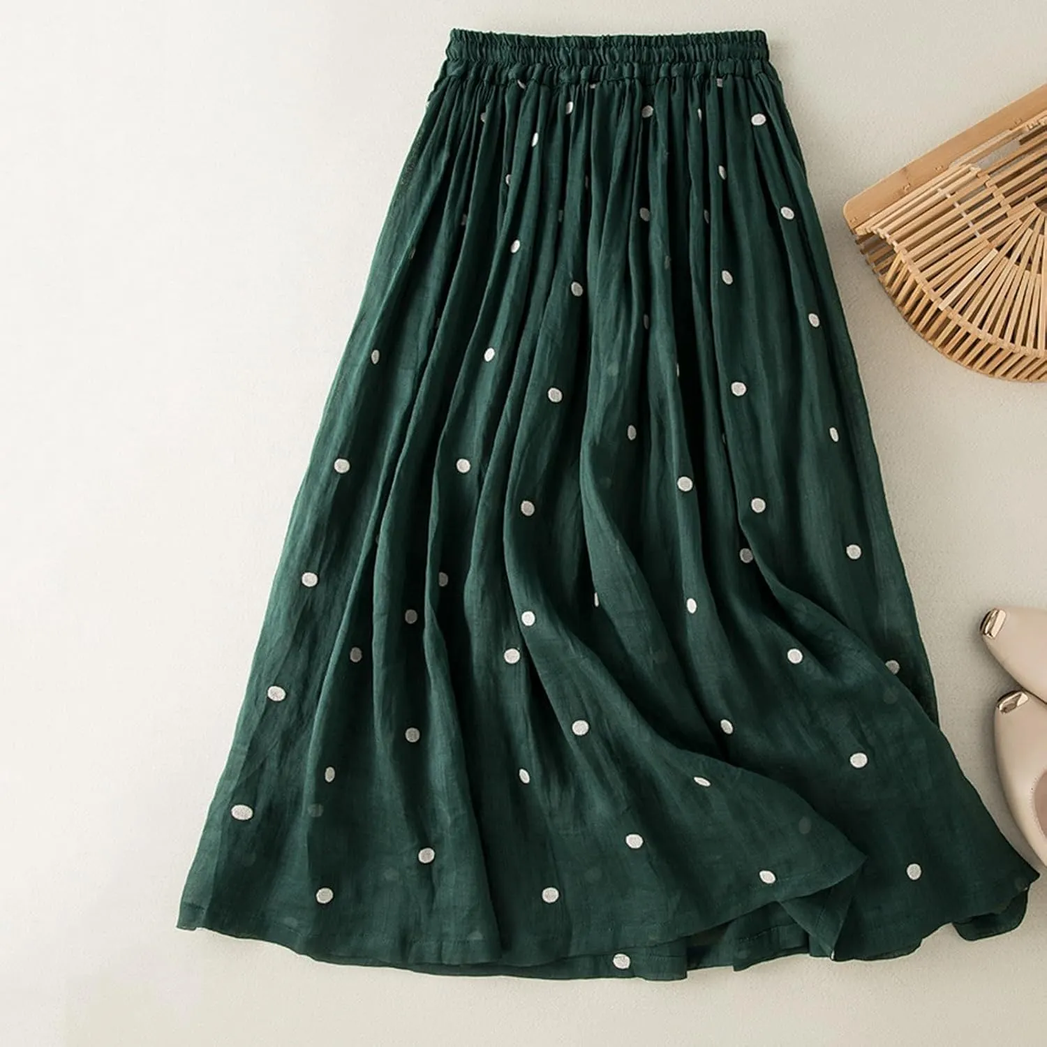 Polka Dot Skirts for Women Midi Length Casual Drawstring Elastic Waisted Swing A-Line Pleated Skirt