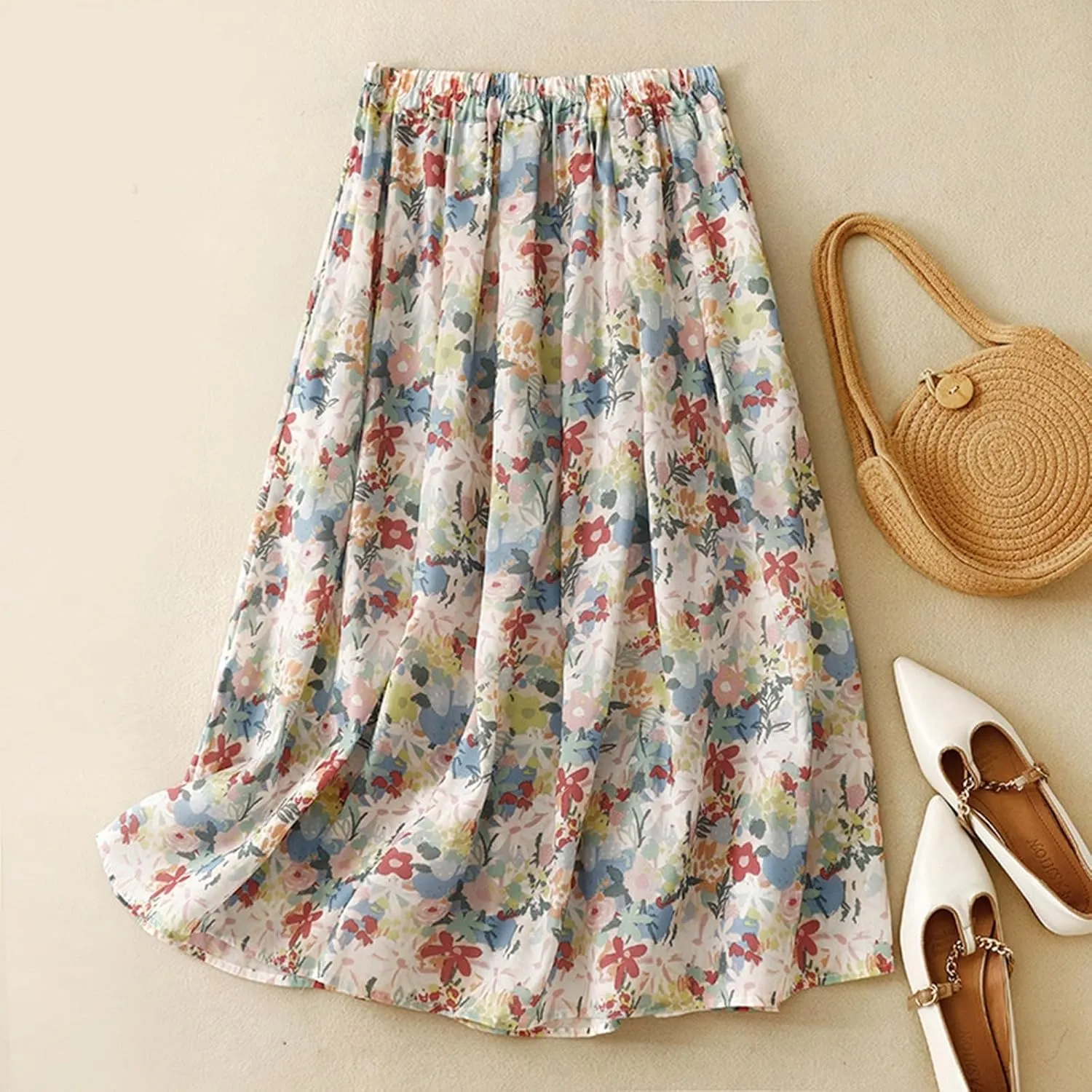 Polka Dot Skirts for Women Midi Length Casual Drawstring Elastic Waisted Swing A-Line Pleated Skirt