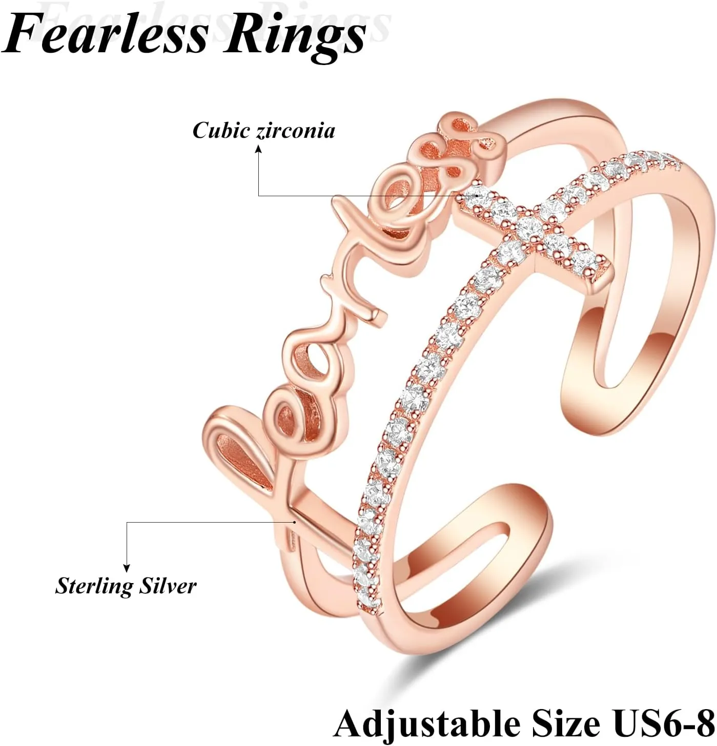 PRAYMOS Sterling Silver Adjustable Rings Fearless/Faith/Jesus Ring Christian Religious Rings Confirmation Jewelry Gifts