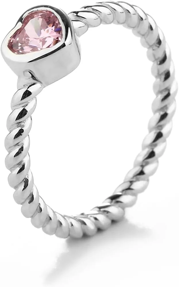 Precious Pieces Sterling Silver Twisted Rope Band Baby Ring with Heart for Babies, Infants, Toddlers, Little Girls, Stackable or Pinky Ring for Teens and Women