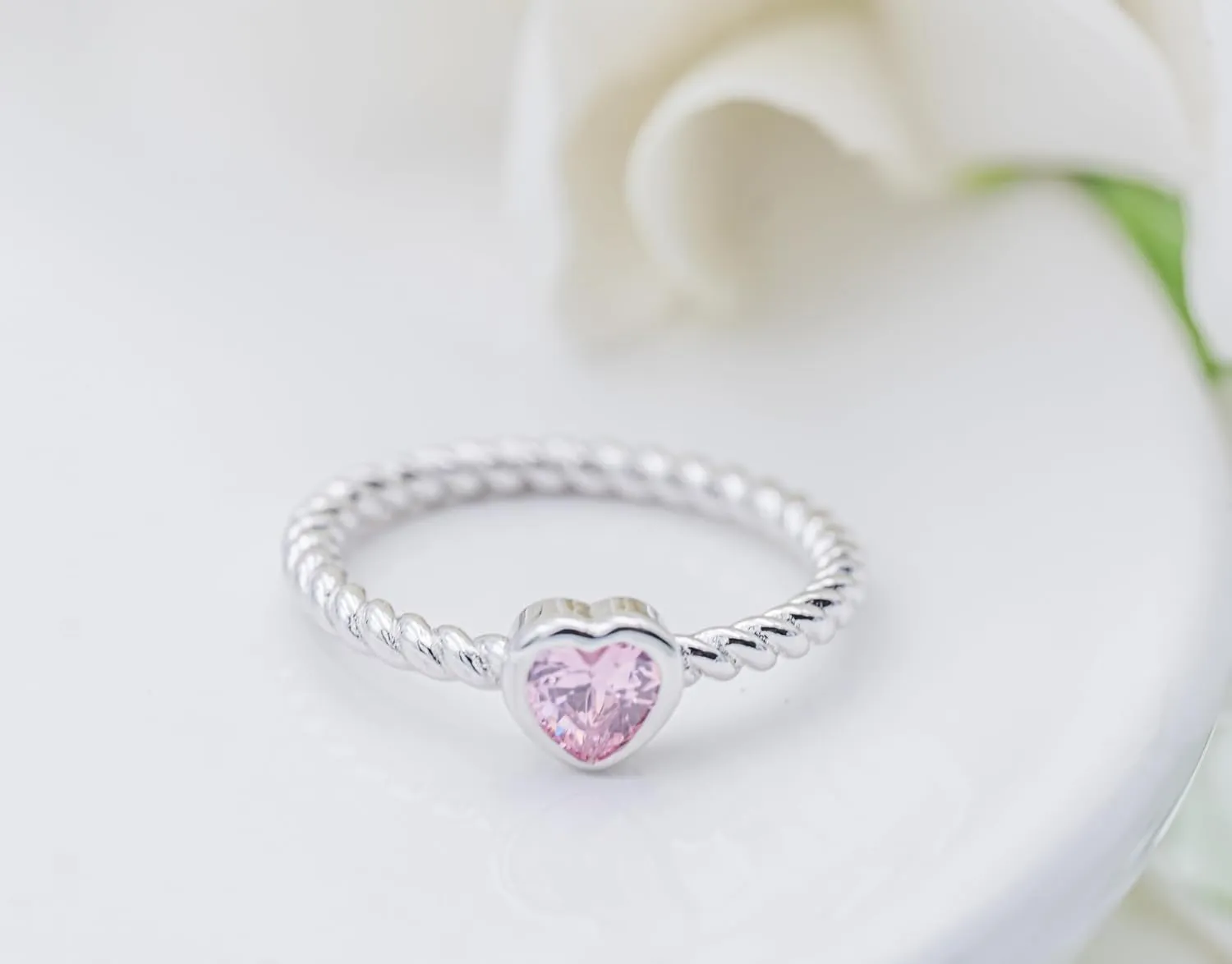 Precious Pieces Sterling Silver Twisted Rope Band Baby Ring with Heart for Babies, Infants, Toddlers, Little Girls, Stackable or Pinky Ring for Teens and Women