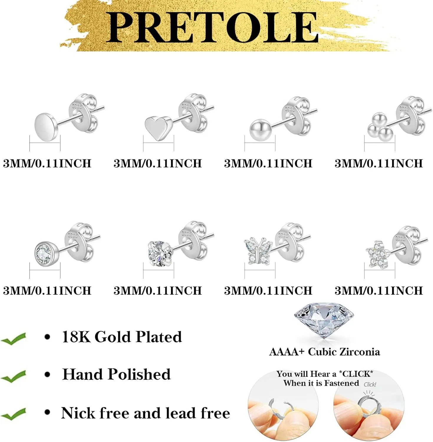 PRETOLE 8 Pairs Sterling Silver Stud Earrings for Women,14K Gold Plated Stud Earrings Set for Women Hypoallergenic Stud Earrings Cubic Zirconia Stud Earrings Small Stud Earrings for Women
