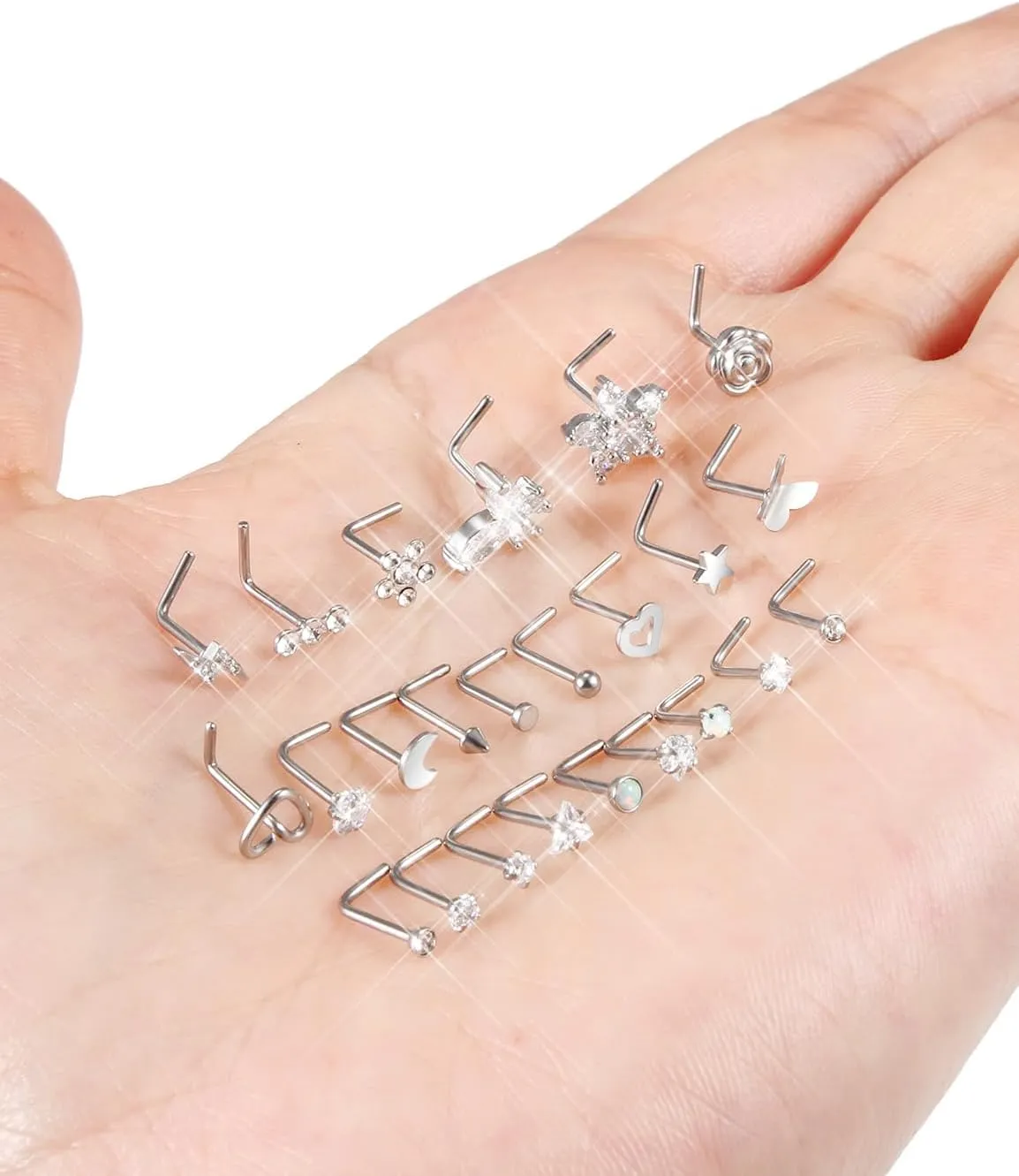 Prjndjw 20G Nose Rings Studs Surgical Steel Hypoallergenic Nose Ring Threadless Push in Nose Ring Cute CZ Small Silver Heart Star L Shape 20 Gauge Nostril Nose Rings Studs Piercing Jewelry for Women