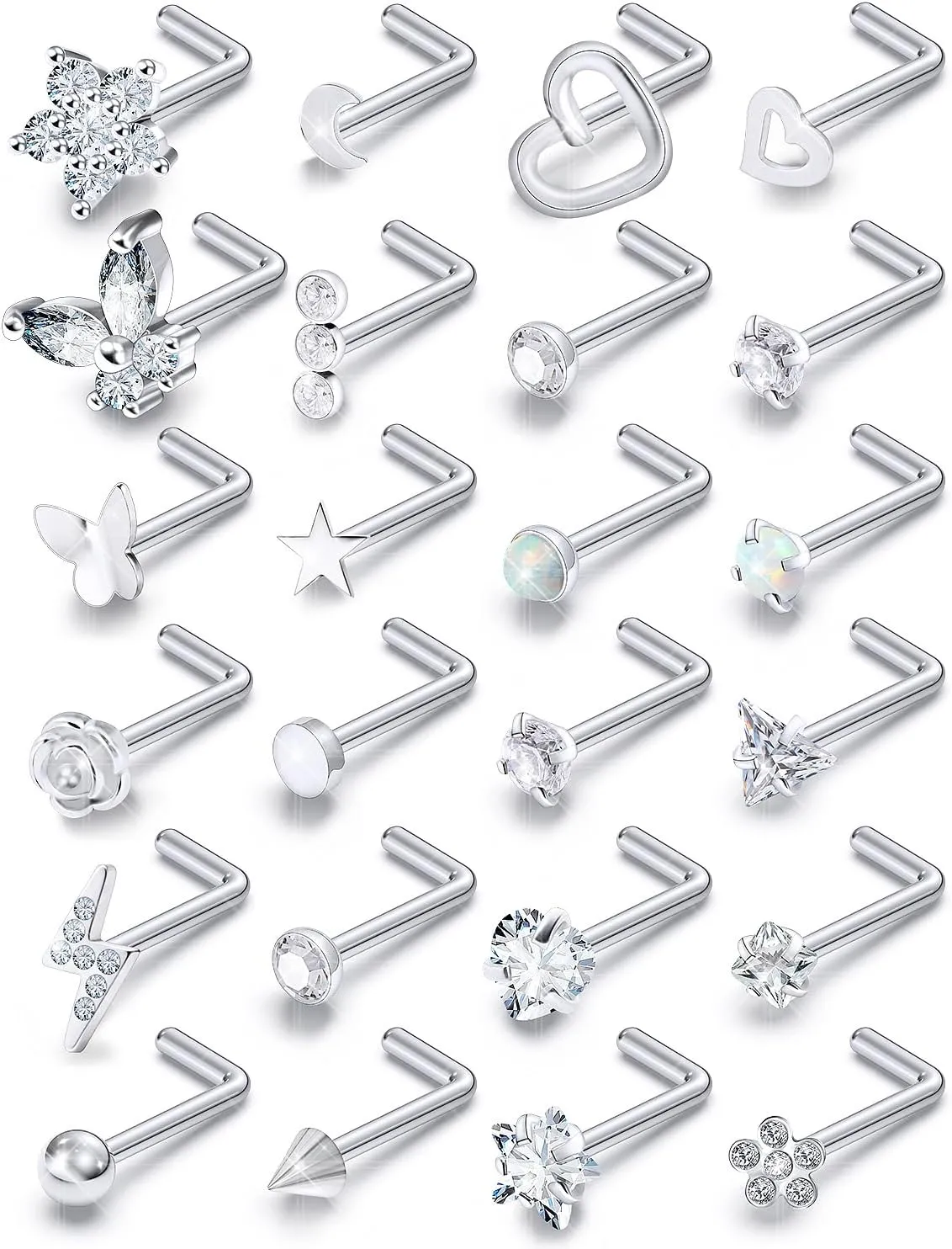 Prjndjw 20G Nose Rings Studs Surgical Steel Hypoallergenic Nose Ring Threadless Push in Nose Ring Cute CZ Small Silver Heart Star L Shape 20 Gauge Nostril Nose Rings Studs Piercing Jewelry for Women