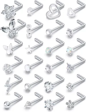 Prjndjw 20G Nose Rings Studs Surgical Steel Hypoallergenic Nose Ring Threadless Push in Nose Ring Cute CZ Small Silver Heart Star L Shape 20 Gauge Nostril Nose Rings Studs Piercing Jewelry for Women