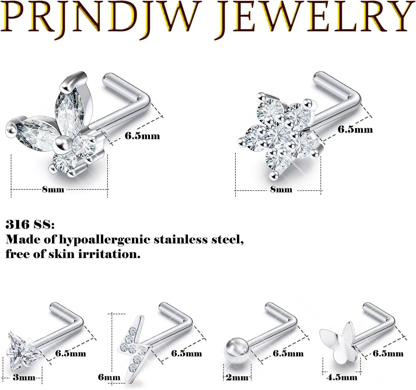 Prjndjw 20G Nose Rings Studs Surgical Steel Hypoallergenic Nose Ring Threadless Push in Nose Ring Cute CZ Small Silver Heart Star L Shape 20 Gauge Nostril Nose Rings Studs Piercing Jewelry for Women