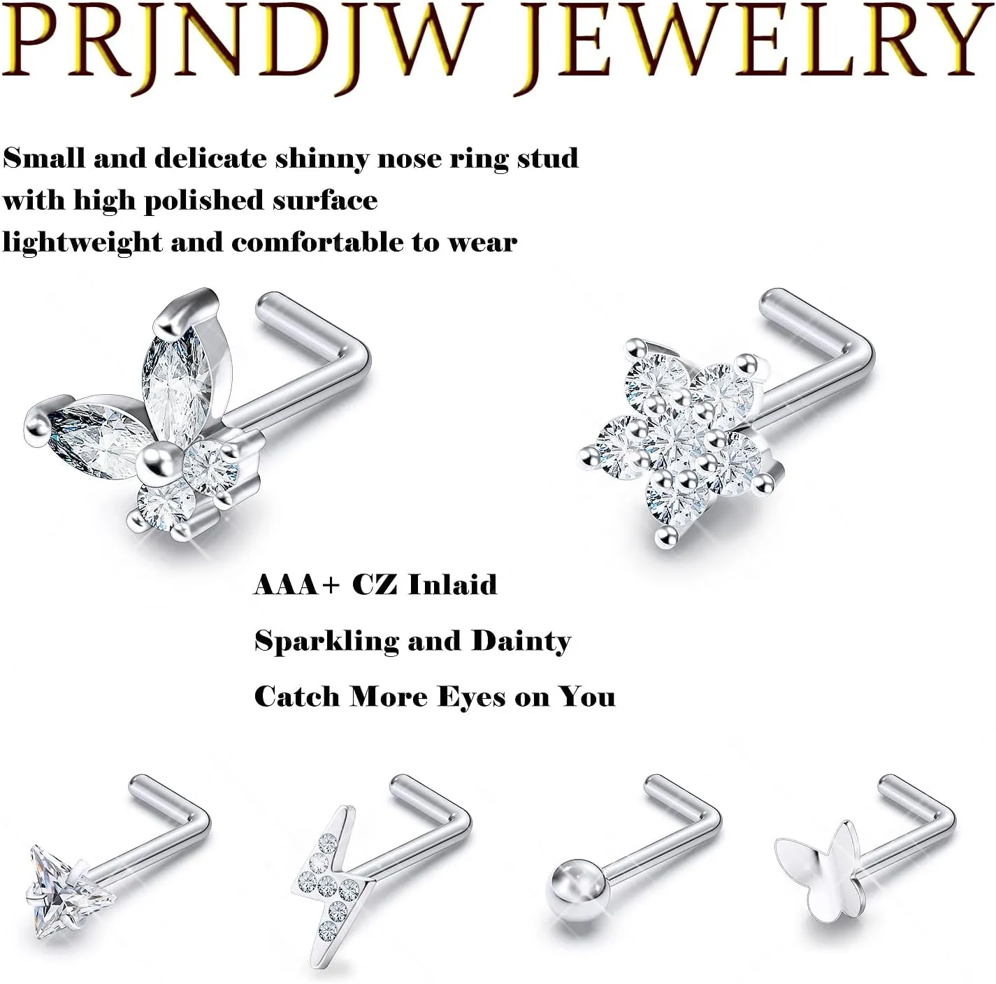 Prjndjw 20G Nose Rings Studs Surgical Steel Hypoallergenic Nose Ring Threadless Push in Nose Ring Cute CZ Small Silver Heart Star L Shape 20 Gauge Nostril Nose Rings Studs Piercing Jewelry for Women