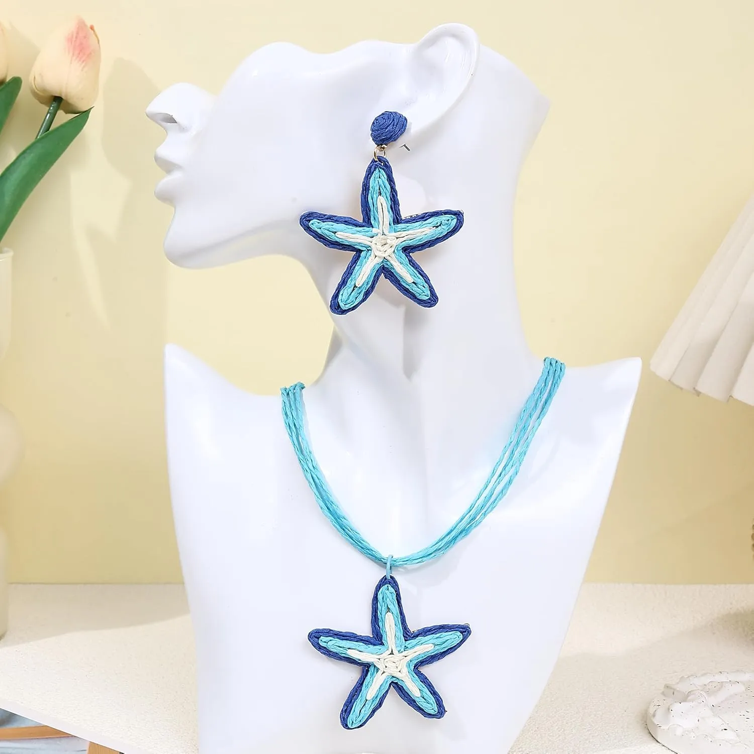 Raffia Colorful Flower Starfish Necklaces For Women Rattan Statement Boho Beach Jewelry Earrings Sets Spring Summer Tropical Vacation Macrame Handmade Straw Bohemian Lightweight Accessories