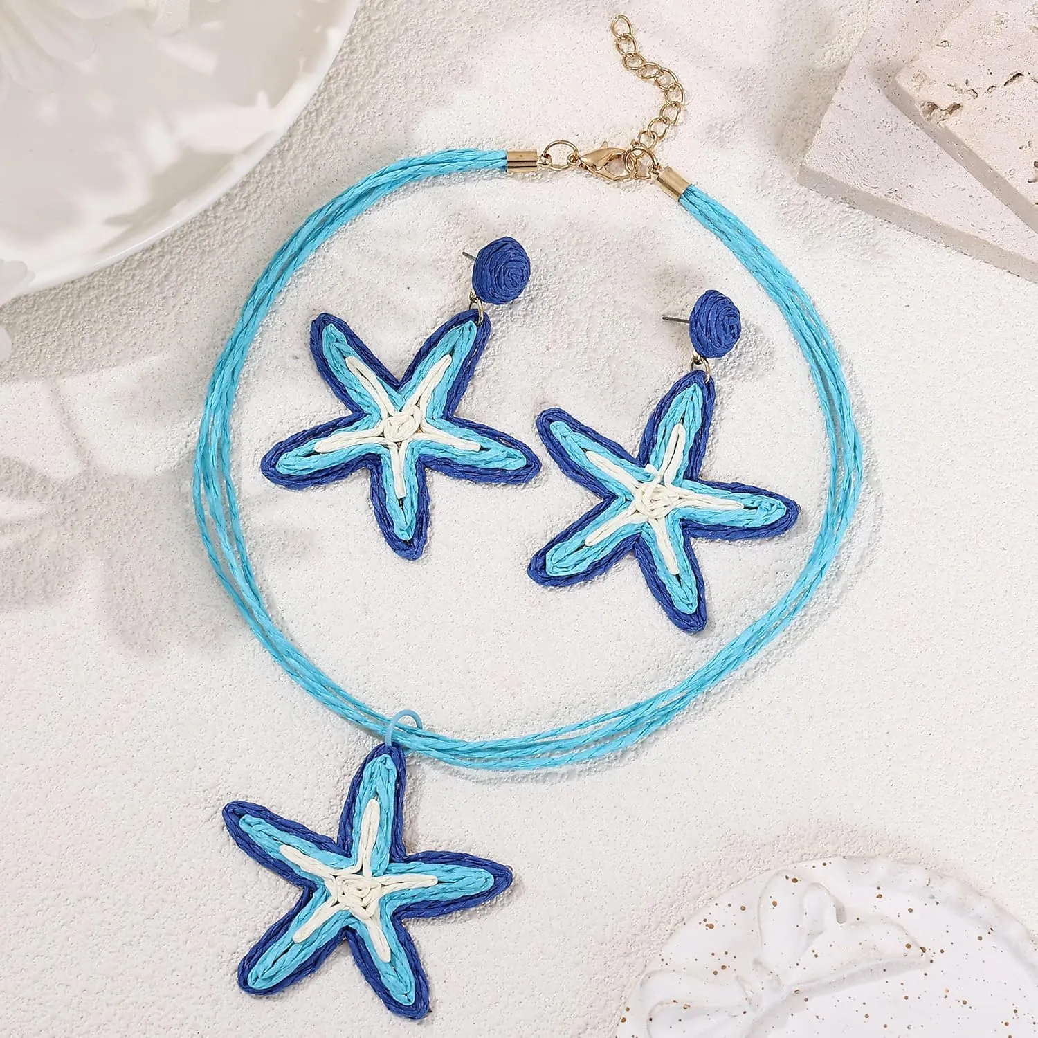 Raffia Colorful Flower Starfish Necklaces For Women Rattan Statement Boho Beach Jewelry Earrings Sets Spring Summer Tropical Vacation Macrame Handmade Straw Bohemian Lightweight Accessories
