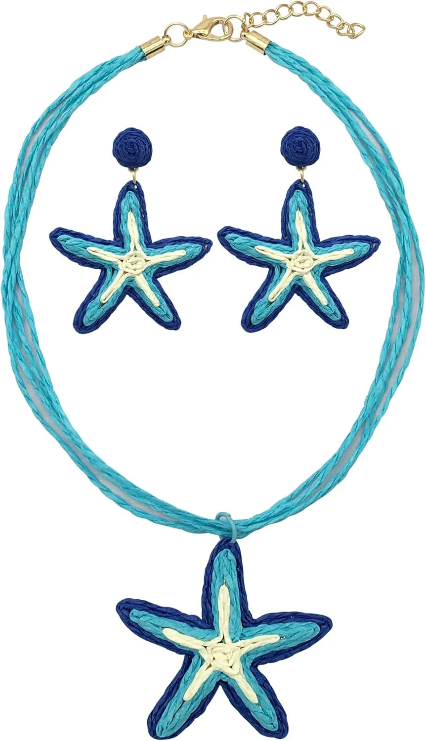 Raffia Colorful Flower Starfish Necklaces For Women Rattan Statement Boho Beach Jewelry Earrings Sets Spring Summer Tropical Vacation Macrame Handmade Straw Bohemian Lightweight Accessories
