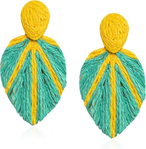 Raffia Long Leaf Earrings Colorful Handmade Rattan Leaf Drop Dangle Earrings Summer Tropical Beach Jewelry