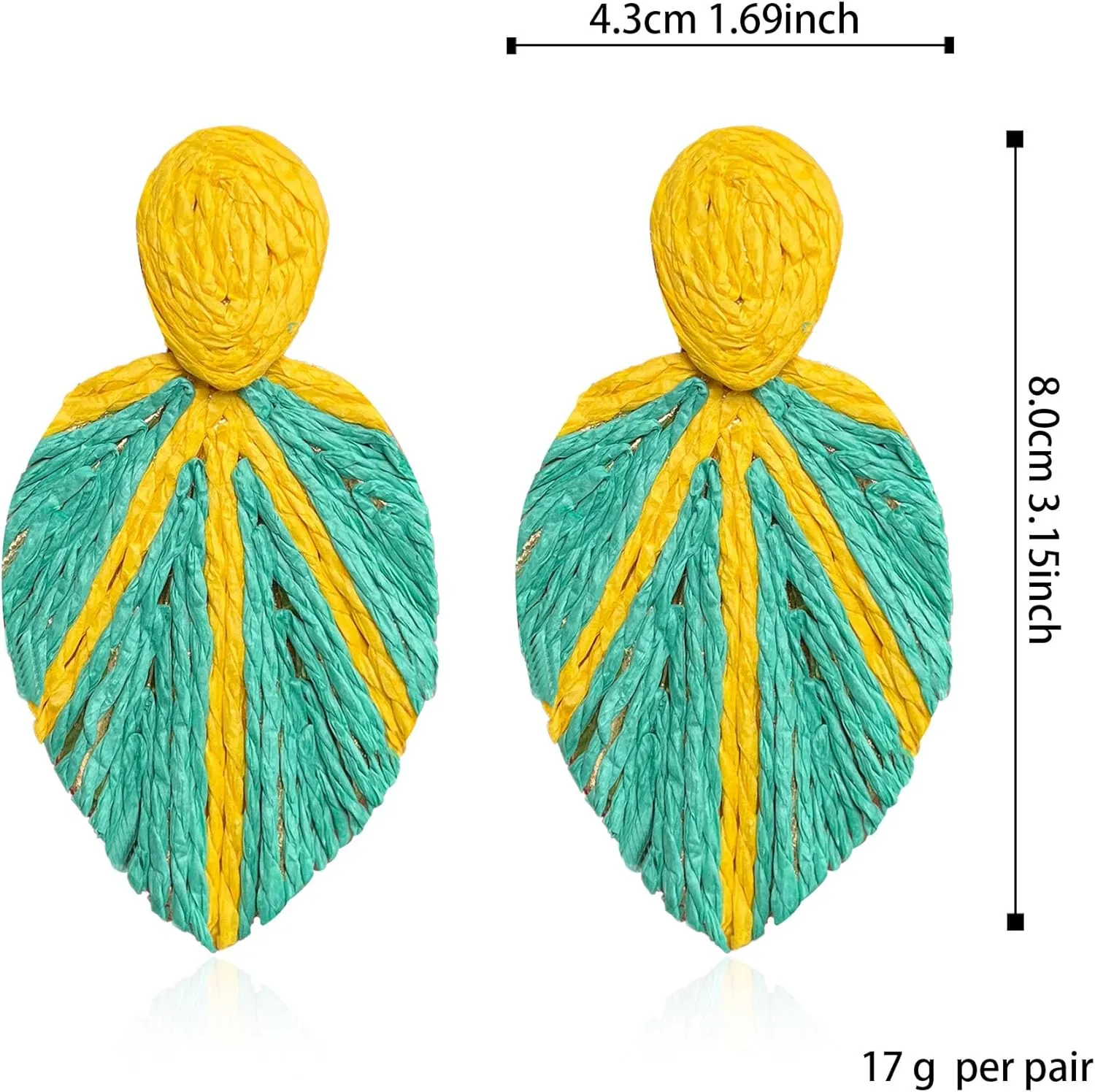 Raffia Long Leaf Earrings Colorful Handmade Rattan Leaf Drop Dangle Earrings Summer Tropical Beach Jewelry