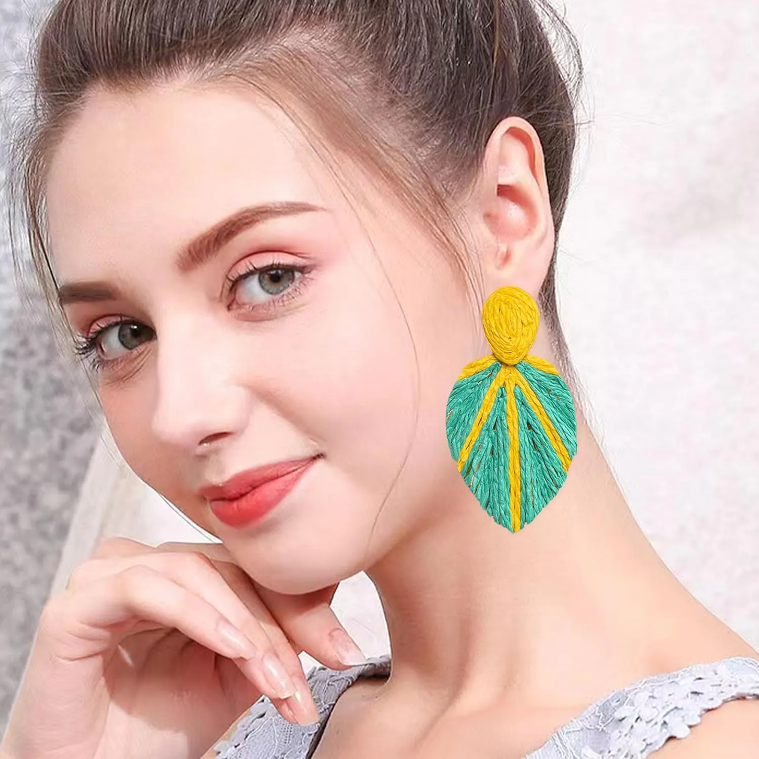 Raffia Long Leaf Earrings Colorful Handmade Rattan Leaf Drop Dangle Earrings Summer Tropical Beach Jewelry