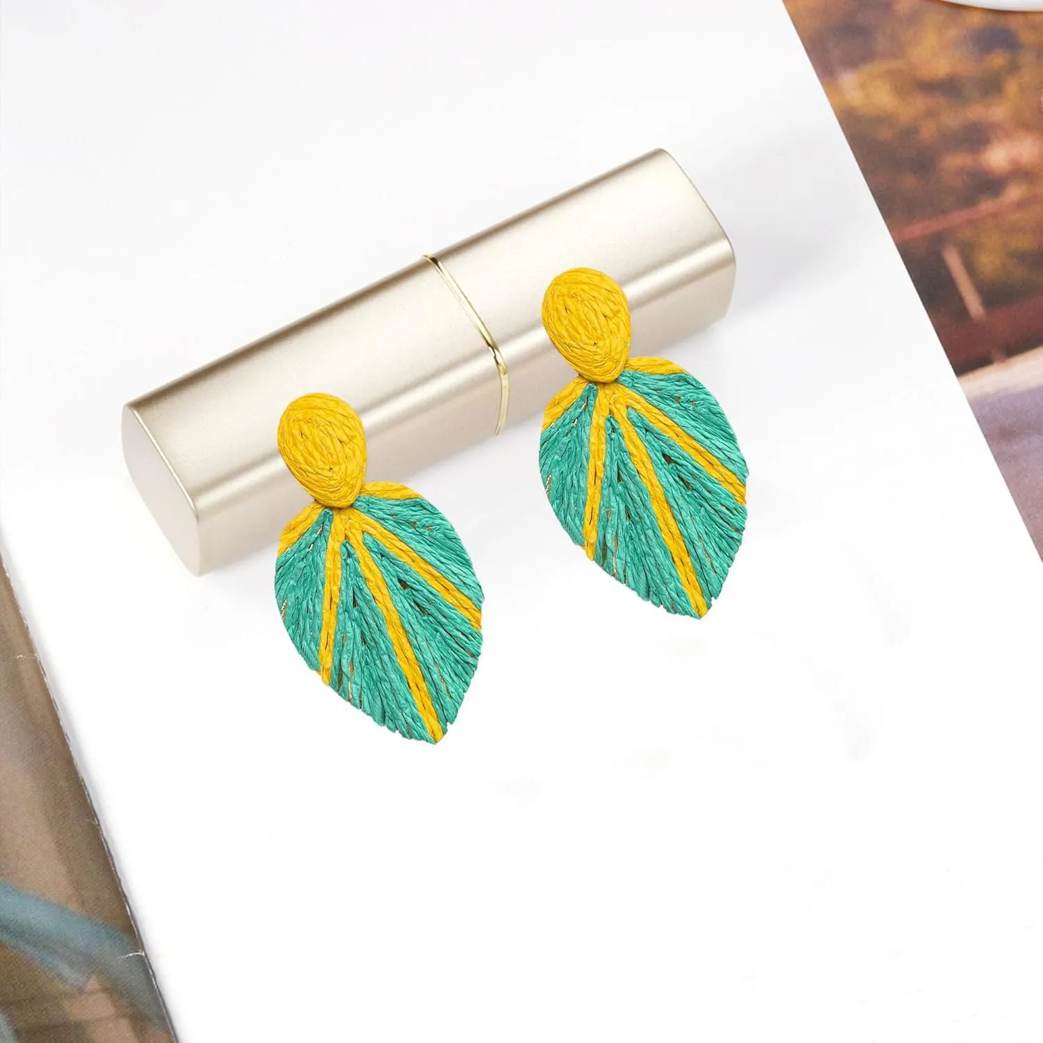 Raffia Long Leaf Earrings Colorful Handmade Rattan Leaf Drop Dangle Earrings Summer Tropical Beach Jewelry