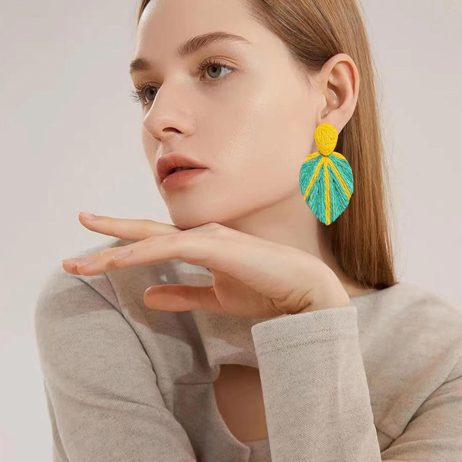 Raffia Long Leaf Earrings Colorful Handmade Rattan Leaf Drop Dangle Earrings Summer Tropical Beach Jewelry