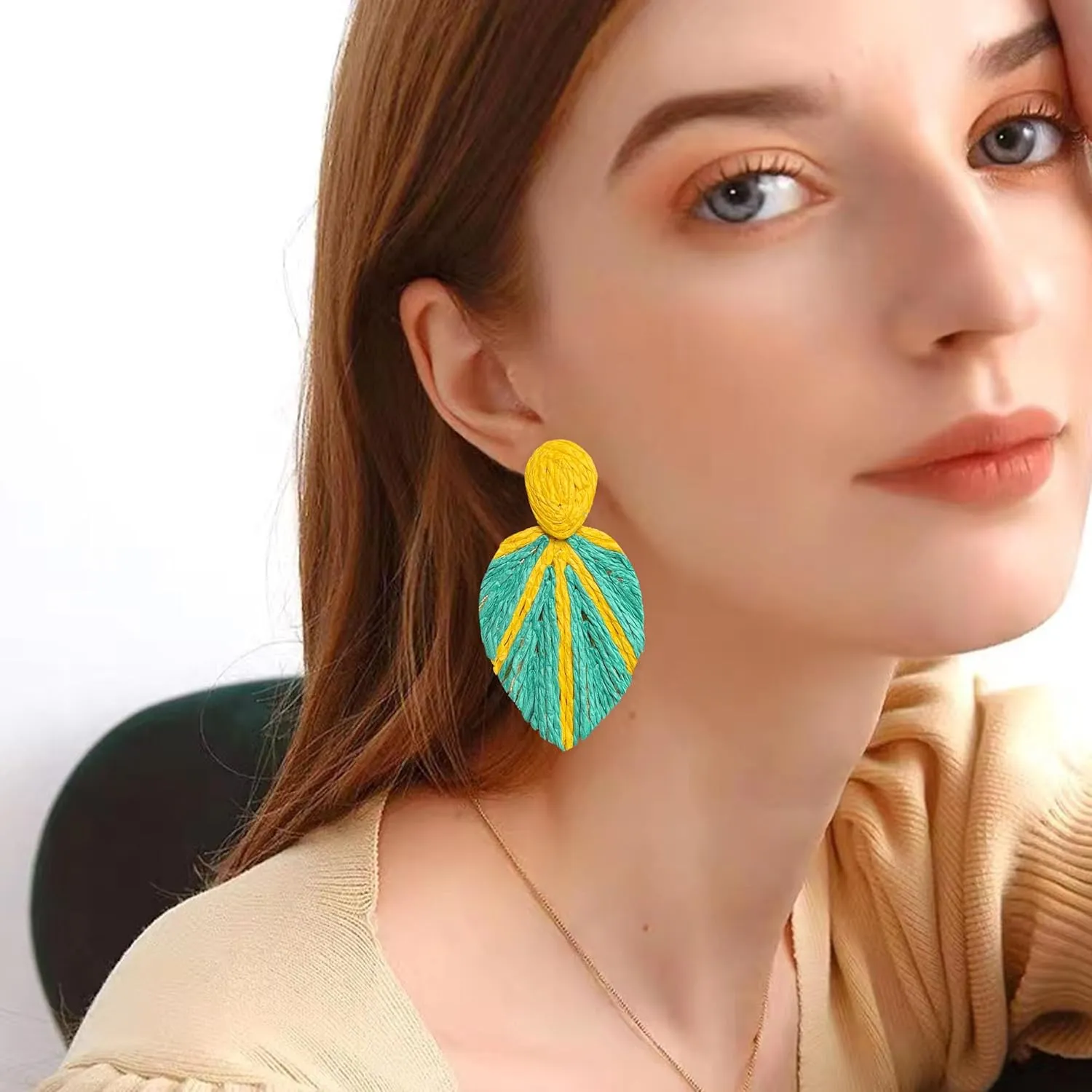 Raffia Long Leaf Earrings Colorful Handmade Rattan Leaf Drop Dangle Earrings Summer Tropical Beach Jewelry