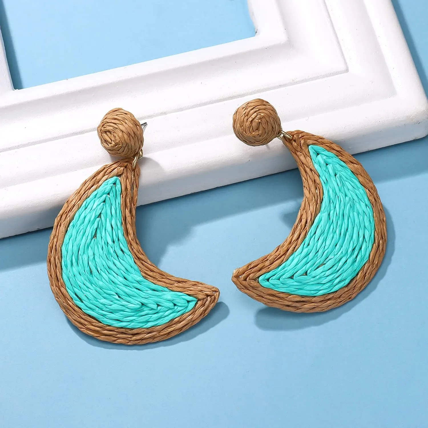 Rattan Earrings Bohemian Handmade Straw Wicker Braid Drop Dangle Earrings Statement Colorful Raffia Moon Earrings Summer Beach Holiday Accessory Jewelry Gifts