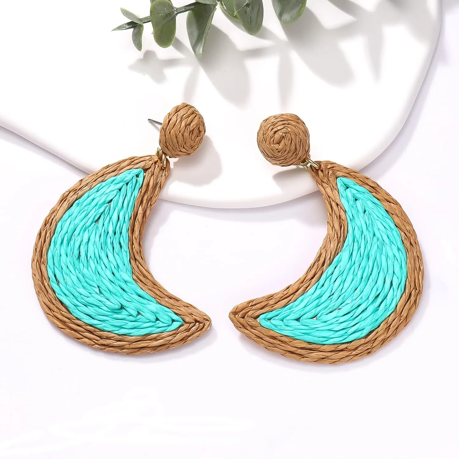 Rattan Earrings Bohemian Handmade Straw Wicker Braid Drop Dangle Earrings Statement Colorful Raffia Moon Earrings Summer Beach Holiday Accessory Jewelry Gifts