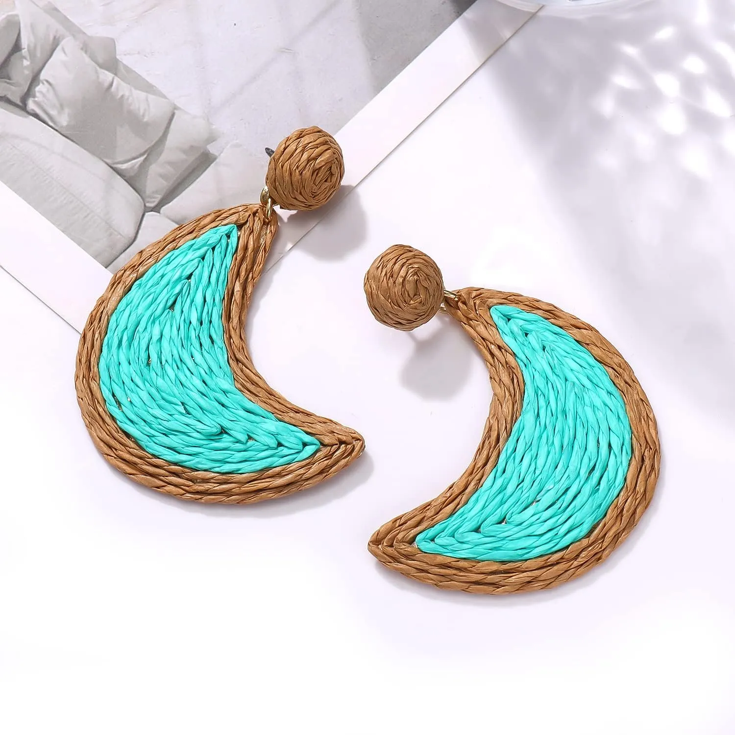Rattan Earrings Bohemian Handmade Straw Wicker Braid Drop Dangle Earrings Statement Colorful Raffia Moon Earrings Summer Beach Holiday Accessory Jewelry Gifts