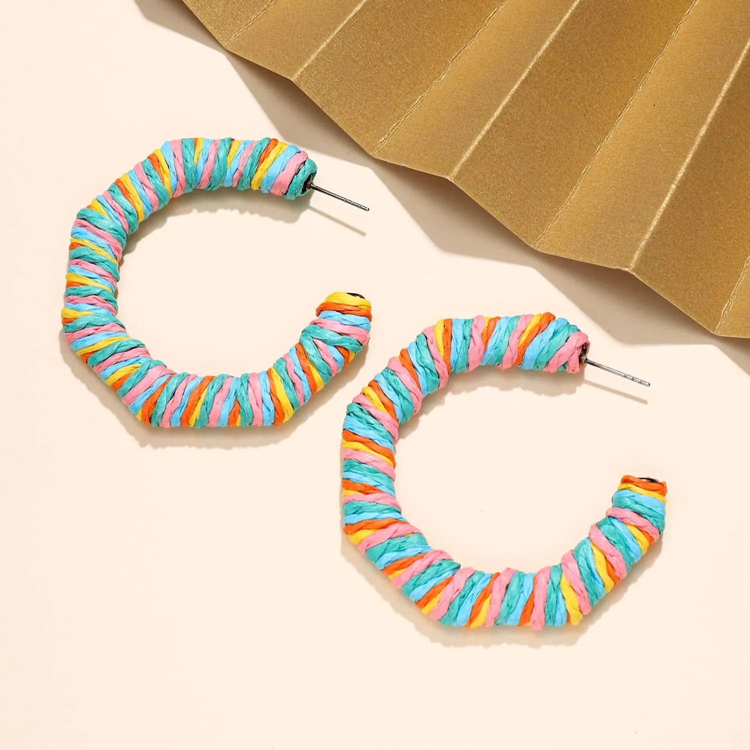 Rattan Earrings Boho Statement Rattan Hoop Earrings Handmade Raffia Woven Straw Wicker Earrings for Women Hexagon Hoop Earring Summer Beach Jewelry Gifts