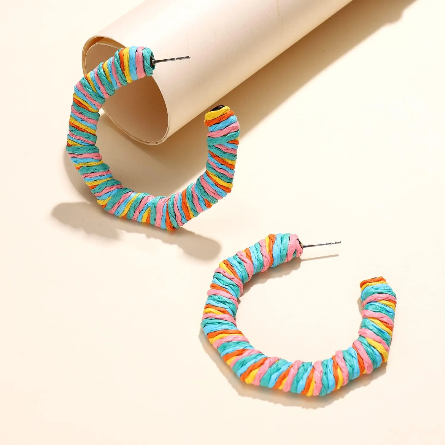 Rattan Earrings Boho Statement Rattan Hoop Earrings Handmade Raffia Woven Straw Wicker Earrings for Women Hexagon Hoop Earring Summer Beach Jewelry Gifts