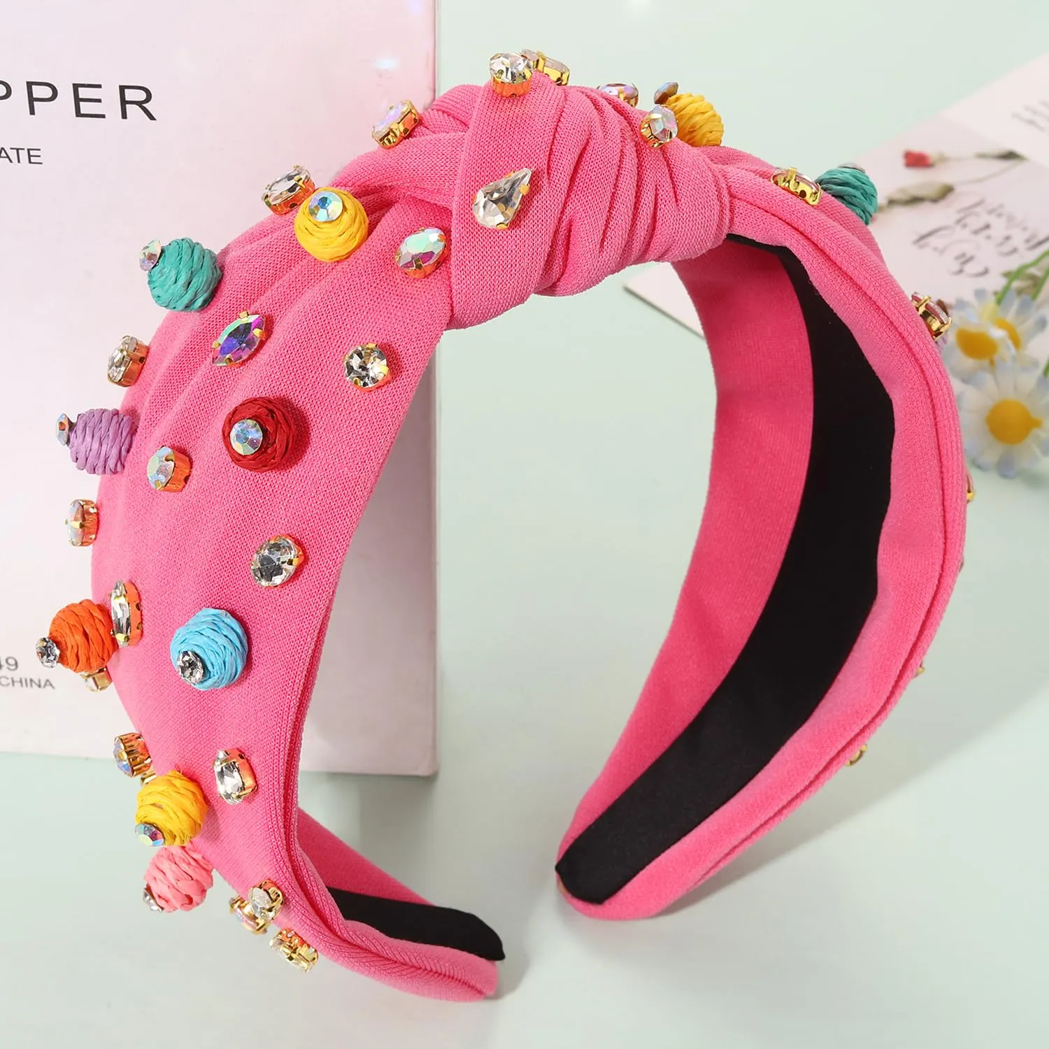 Rattan Headbands Colorful Summer Raffia Ball Headbands for Women Bohemia Straw Raffia Knotted Headband Rhinestone Embellished Wide Top Knot Headband Summer Hair Accessory Beach Outfits (Pink A)