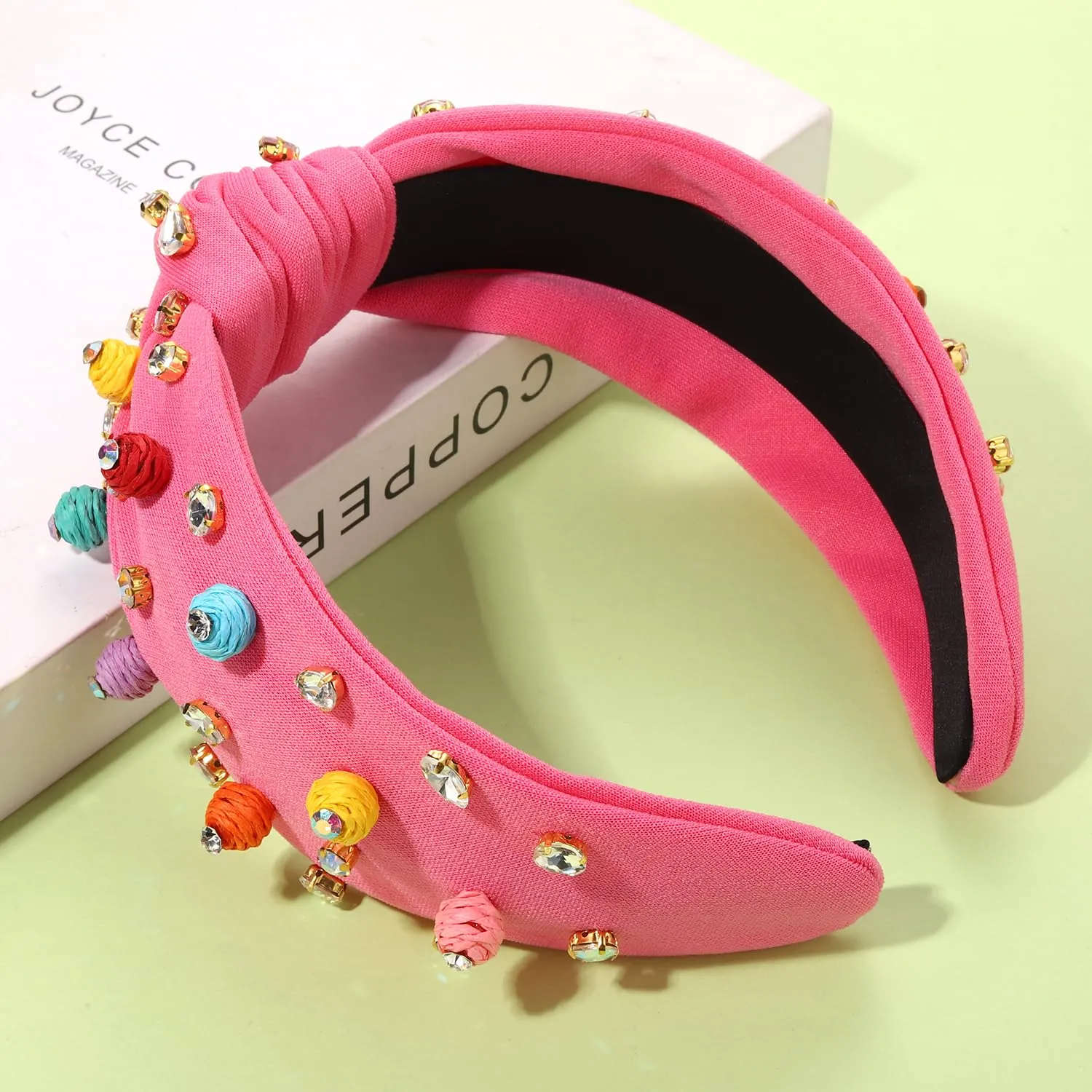 Rattan Headbands Colorful Summer Raffia Ball Headbands for Women Bohemia Straw Raffia Knotted Headband Rhinestone Embellished Wide Top Knot Headband Summer Hair Accessory Beach Outfits (Pink A)