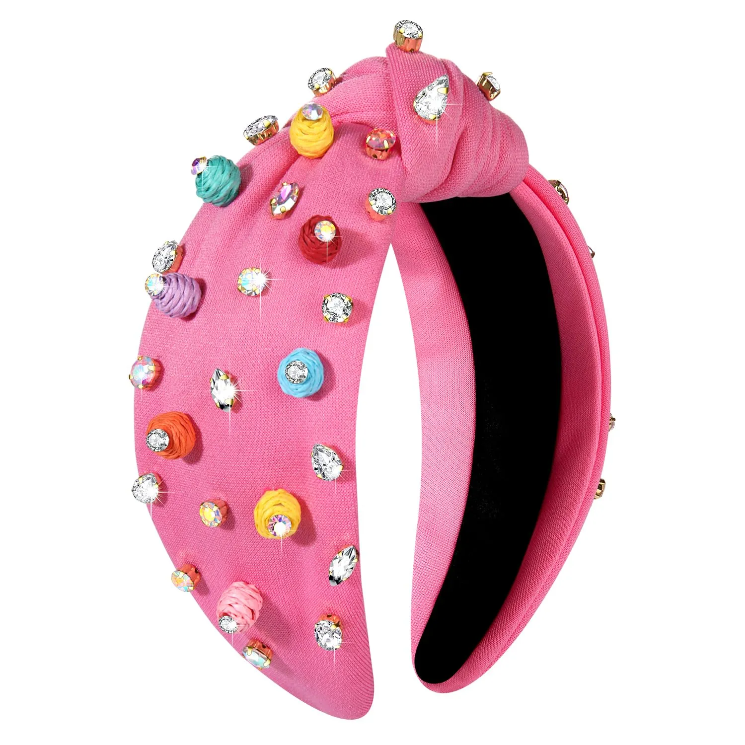 Rattan Headbands Colorful Summer Raffia Ball Headbands for Women Bohemia Straw Raffia Knotted Headband Rhinestone Embellished Wide Top Knot Headband Summer Hair Accessory Beach Outfits (Pink A)
