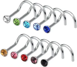 Rbenxia 20G 316L Nose Studs Rings 2.2MM Rhinestone Stainless Steel Nose Body Piercing Rings 10 Pcs Random Color for Unisex