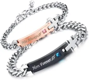 redrain 2Pcs Couples Bracelets His Hers Matching Set Stainless Steel Chain Adjustable Personalized Promise Birthday Gifts Jewelry (Always/Forever)