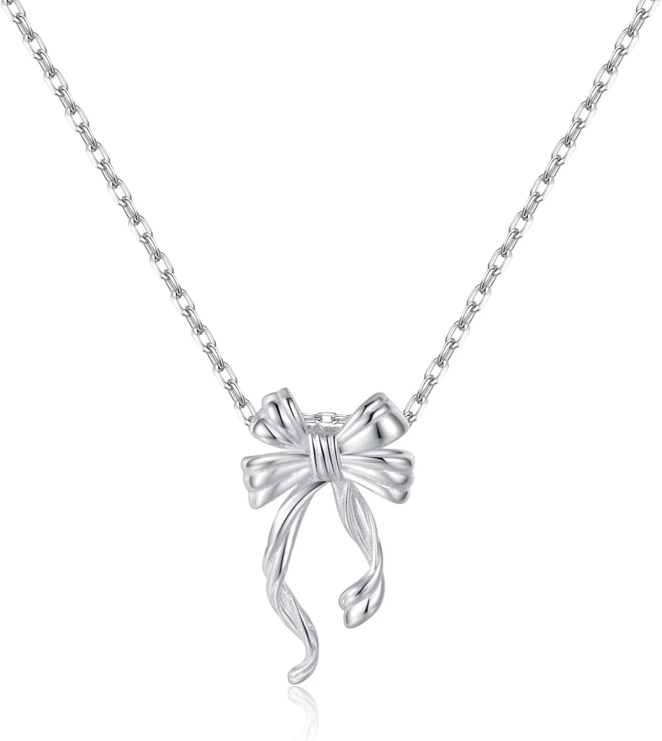 Reffeer Solid 925 Sterling Silver Bow Necklace for Women Teens Bowknot Choker Necklace Pendant Ribbon Bow Necklace