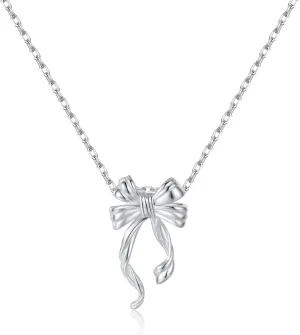 Reffeer Solid 925 Sterling Silver Bow Necklace for Women Teens Bowknot Choker Necklace Pendant Ribbon Bow Necklace