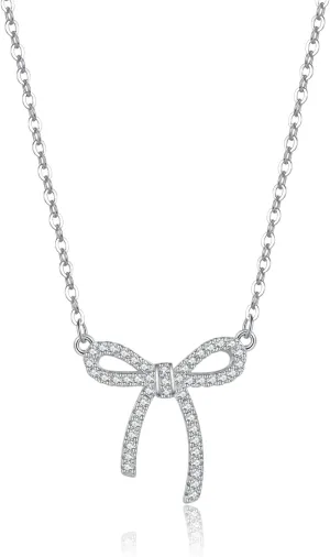 Reffeer Solid 925 Sterling Silver CZ Bow Necklace Choker for Women Teens Crystal Bow Pendant Necklace Bowknot Choker Necklace