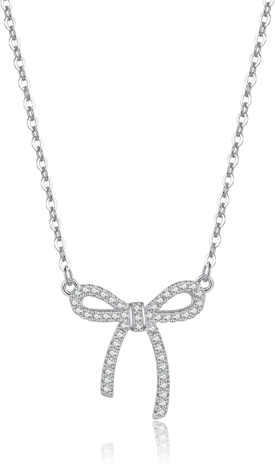 Reffeer Solid 925 Sterling Silver CZ Bow Necklace Choker for Women Teens Crystal Bow Pendant Necklace Bowknot Choker Necklace