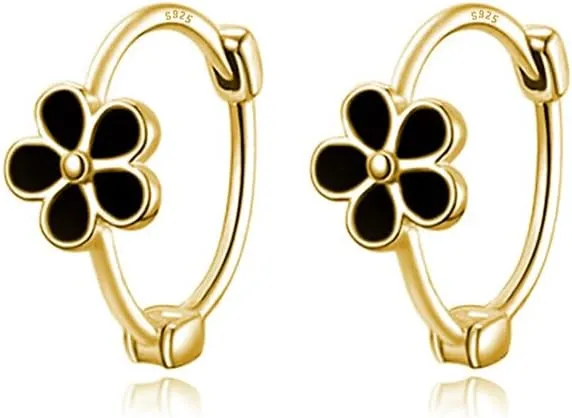 Reffeer Solid 925 Sterling Silver Daisy Flower Hoop Earrings Huggie for Women Teens Black Flower Hoop Earrings Spring Cartilage Helix Earrings