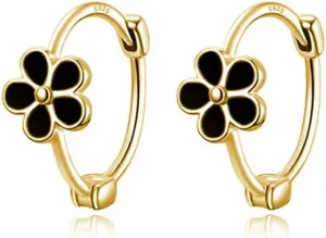 Reffeer Solid 925 Sterling Silver Daisy Flower Hoop Earrings Huggie for Women Teens Black Flower Hoop Earrings Spring Cartilage Helix Earrings